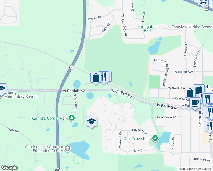 map of restaurants, bars, coffee shops, grocery stores, and more near 778 West Bartlett Road in Bartlett