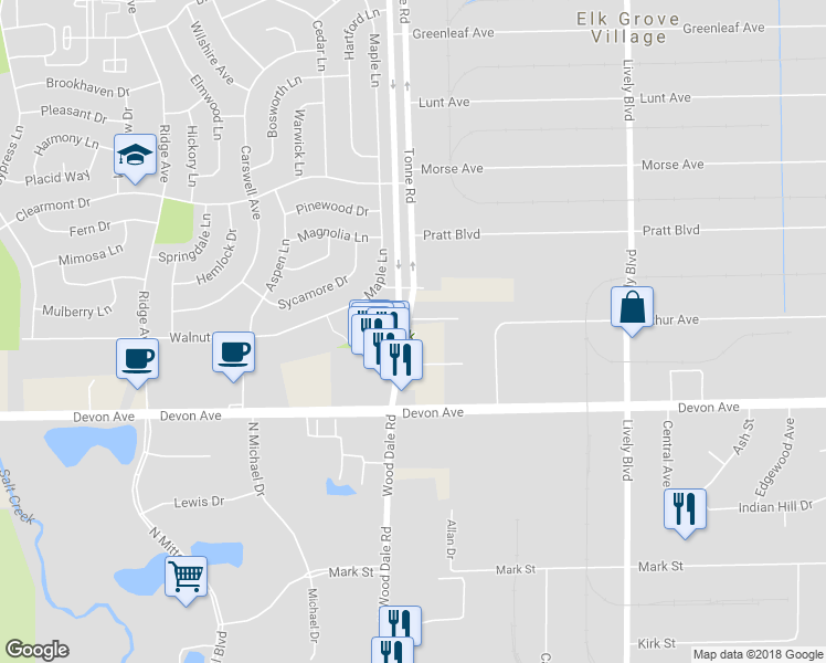 map of restaurants, bars, coffee shops, grocery stores, and more near 2107 Tonne Road in Elk Grove Village