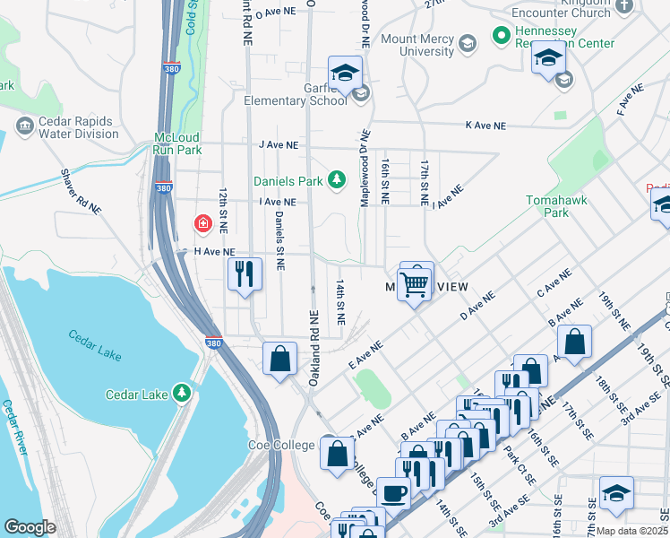 map of restaurants, bars, coffee shops, grocery stores, and more near 885 14th Street Northeast in Cedar Rapids