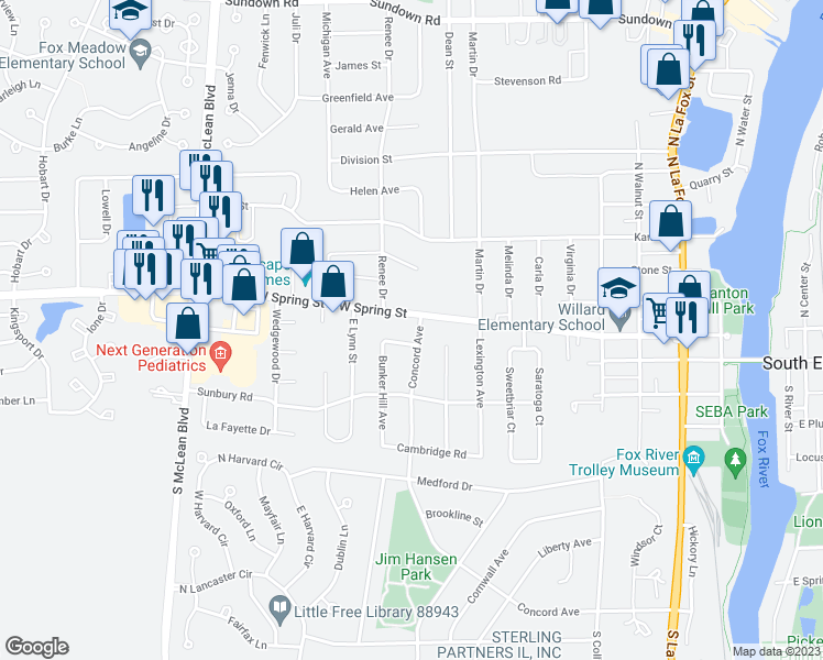 map of restaurants, bars, coffee shops, grocery stores, and more near 10 Concord Avenue in South Elgin