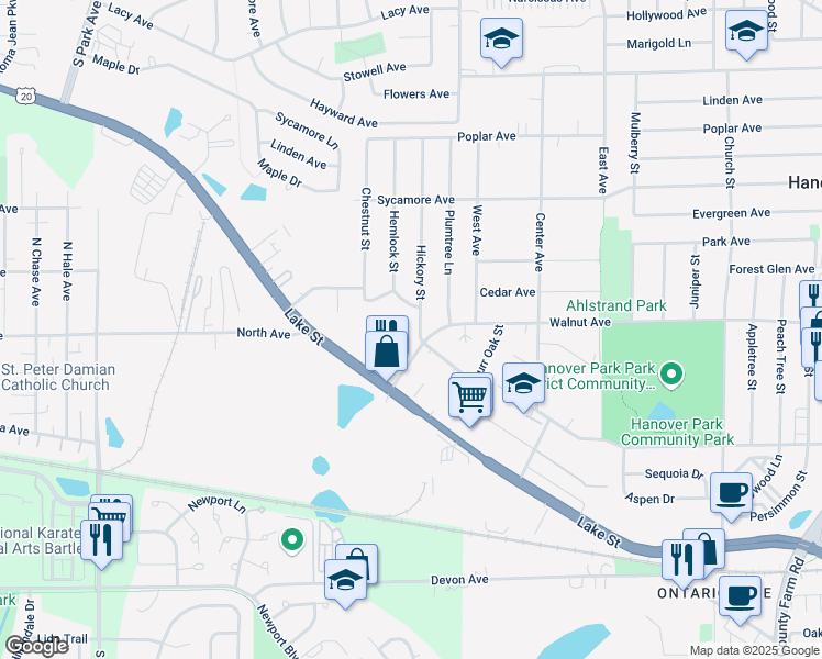 map of restaurants, bars, coffee shops, grocery stores, and more near 2300 Glendale Terrace in Hanover Park