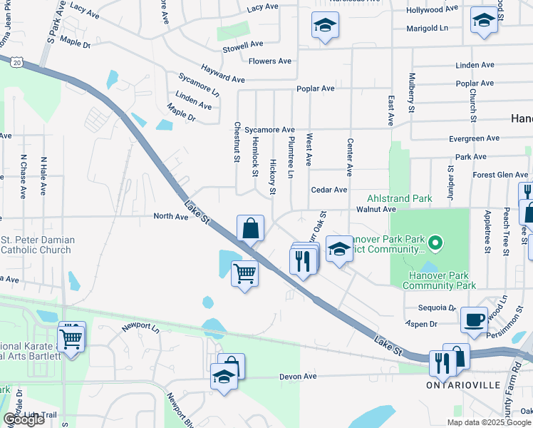 map of restaurants, bars, coffee shops, grocery stores, and more near 2300 Glendale Terrace in Hanover Park