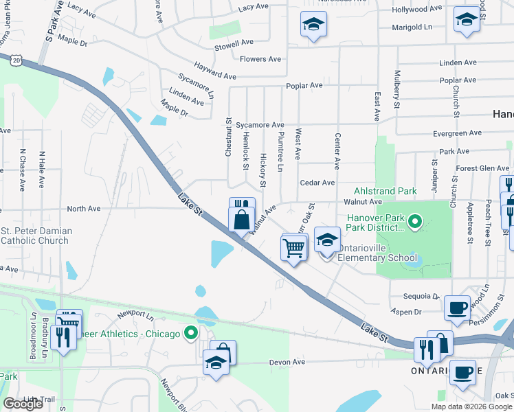 map of restaurants, bars, coffee shops, grocery stores, and more near 2301 Glendale Terrace in Hanover Park