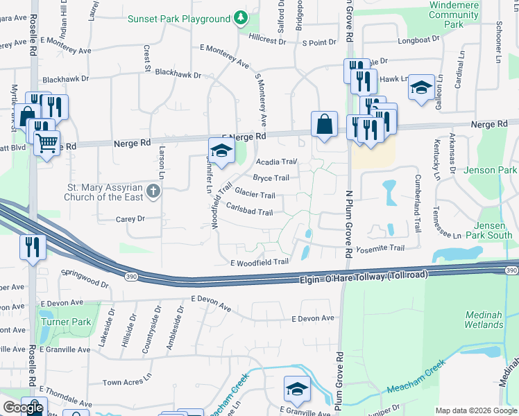 map of restaurants, bars, coffee shops, grocery stores, and more near 556 Carlsbad Trail in Roselle
