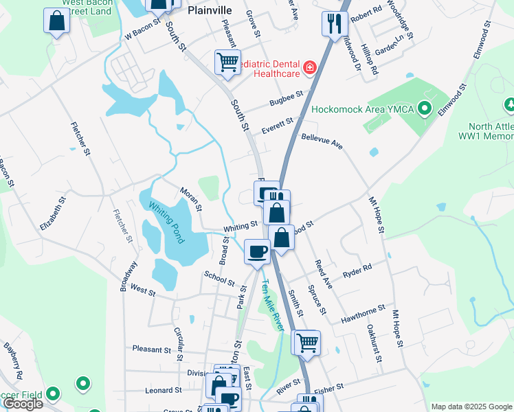 map of restaurants, bars, coffee shops, grocery stores, and more near 179a Park Street in North Attleborough