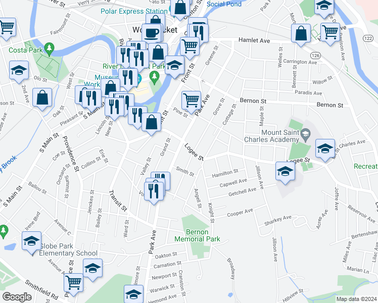 map of restaurants, bars, coffee shops, grocery stores, and more near 546 Park Avenue in Woonsocket