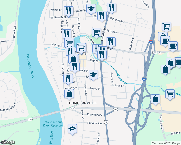 map of restaurants, bars, coffee shops, grocery stores, and more near 41 Walnut Street in Enfield