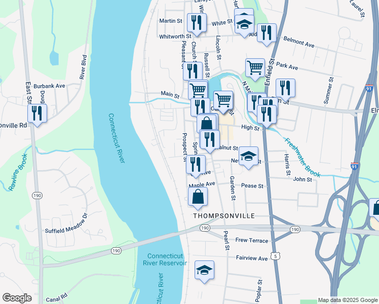 map of restaurants, bars, coffee shops, grocery stores, and more near 58 Prospect Street in Enfield