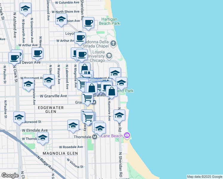 map of restaurants, bars, coffee shops, grocery stores, and more near 6230 North Kenmore Avenue in Chicago