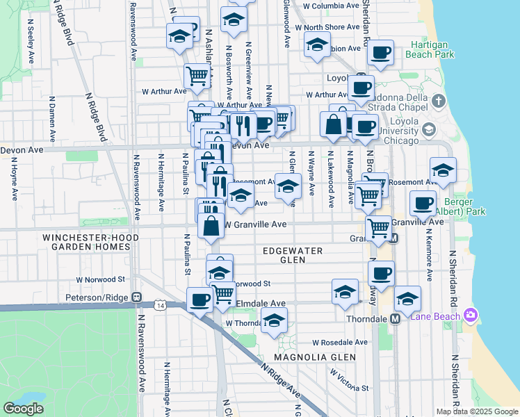 map of restaurants, bars, coffee shops, grocery stores, and more near 1454 West Thome Avenue in Chicago