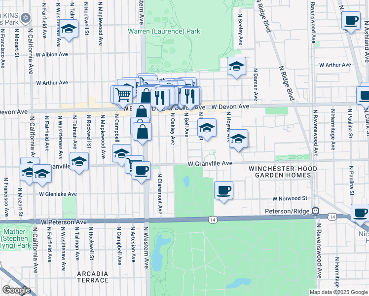 map of restaurants, bars, coffee shops, grocery stores, and more near 6245 North Oakley Avenue in Chicago