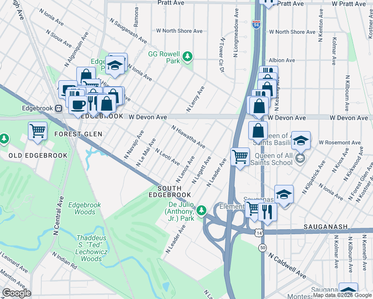 map of restaurants, bars, coffee shops, grocery stores, and more near 6293 North Leona Avenue in Chicago