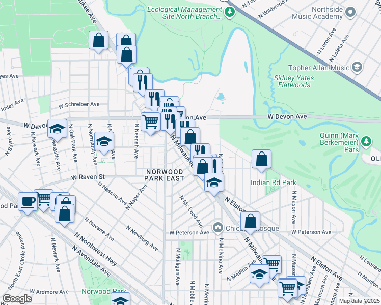 map of restaurants, bars, coffee shops, grocery stores, and more near 6309 North Milwaukee Avenue in Chicago