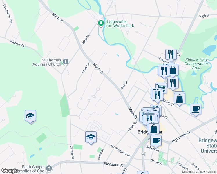 map of restaurants, bars, coffee shops, grocery stores, and more near 250 Main Street in Bridgewater