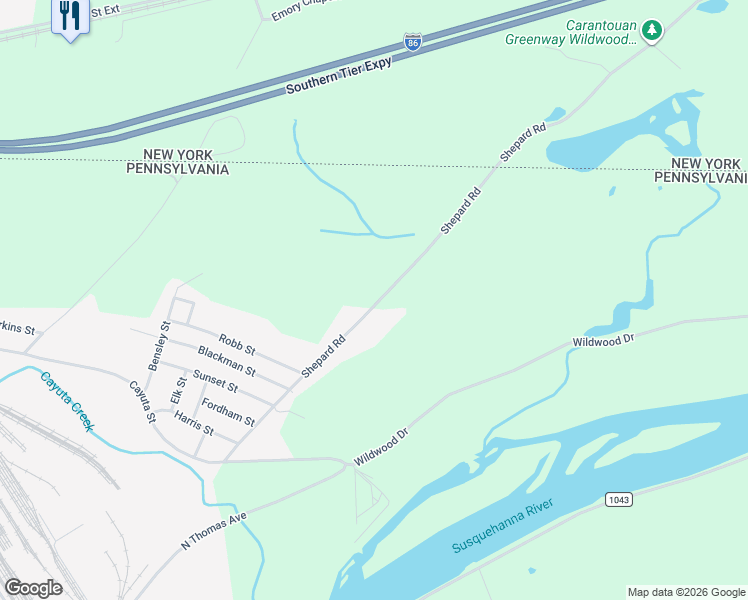 map of restaurants, bars, coffee shops, grocery stores, and more near 495 Shepard Road in Sayre