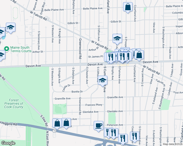 map of restaurants, bars, coffee shops, grocery stores, and more near 1012 Kent Avenue in Park Ridge