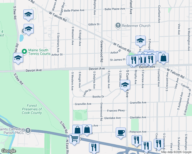 map of restaurants, bars, coffee shops, grocery stores, and more near 1210 Park Ridge Boulevard in Park Ridge