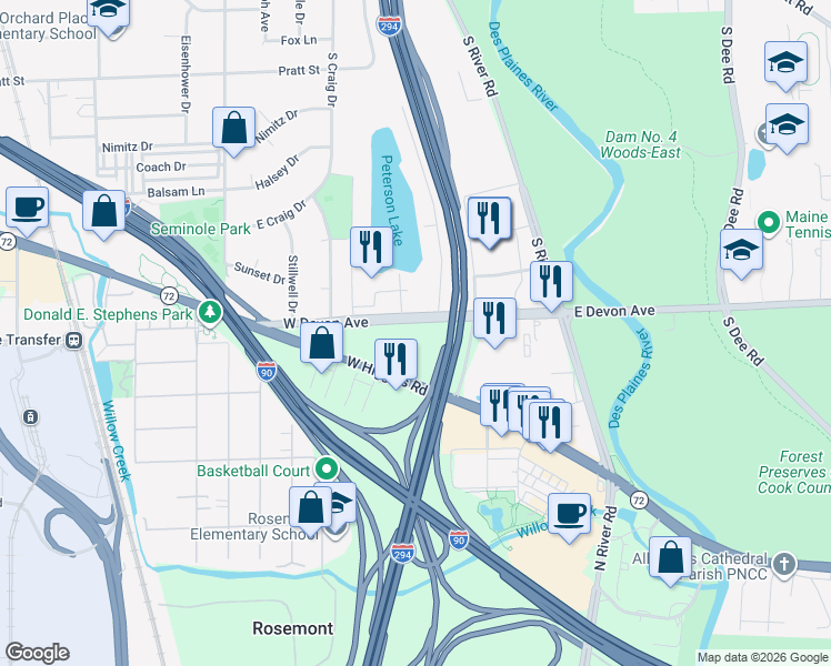 map of restaurants, bars, coffee shops, grocery stores, and more near 9620 West Higgins Road in Rosemont
