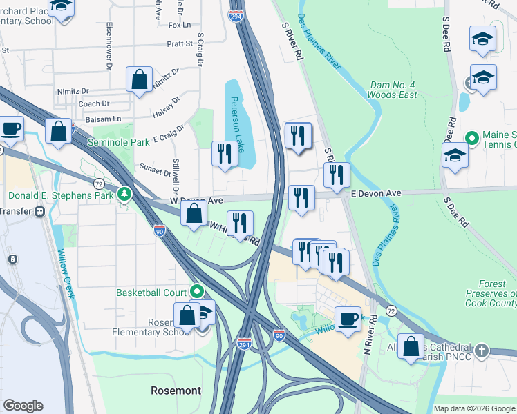 map of restaurants, bars, coffee shops, grocery stores, and more near 9620 West Higgins Road in Rosemont
