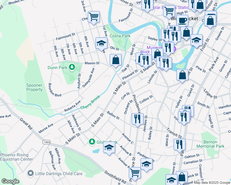 map of restaurants, bars, coffee shops, grocery stores, and more near 426 South Main Street in Woonsocket