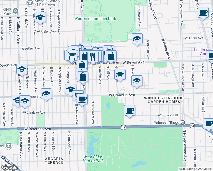 map of restaurants, bars, coffee shops, grocery stores, and more near 6245 North Oakley Avenue in Chicago