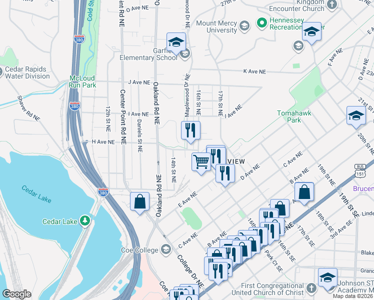 map of restaurants, bars, coffee shops, grocery stores, and more near 1498 H Ave NE in Cedar Rapids