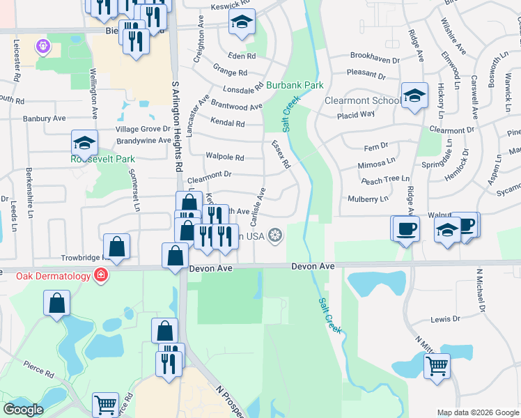 map of restaurants, bars, coffee shops, grocery stores, and more near 98 Kenilworth Avenue in Elk Grove Village