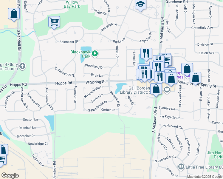 map of restaurants, bars, coffee shops, grocery stores, and more near 45 North Pembroke Drive in South Elgin
