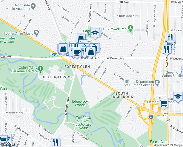 map of restaurants, bars, coffee shops, grocery stores, and more near 6259 North Caldwell Avenue in Chicago