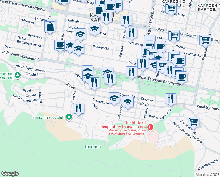 map of restaurants, bars, coffee shops, grocery stores, and more near 9 Mile Pop Jordanov in Skopje