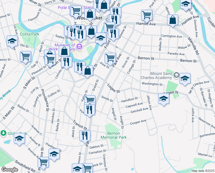 map of restaurants, bars, coffee shops, grocery stores, and more near 546 Park Avenue in Woonsocket