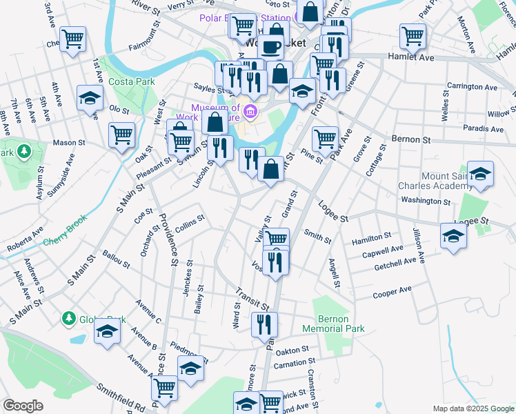map of restaurants, bars, coffee shops, grocery stores, and more near 84 Benefit Street in Woonsocket