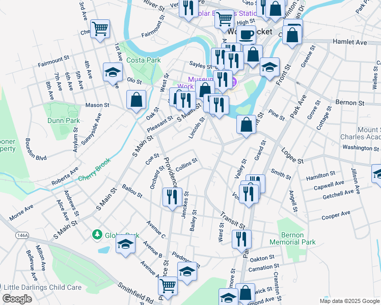 map of restaurants, bars, coffee shops, grocery stores, and more near 108 East Orchard Street in Woonsocket