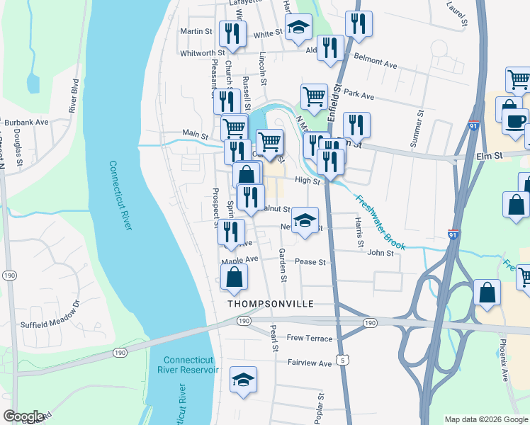 map of restaurants, bars, coffee shops, grocery stores, and more near 11 Walnut Street in Enfield