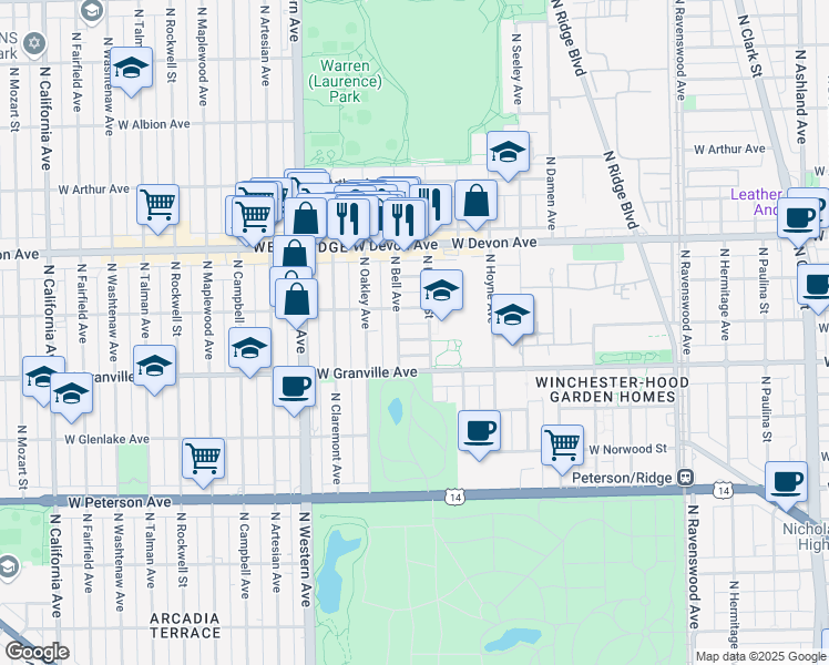 map of restaurants, bars, coffee shops, grocery stores, and more near 2208 West Thome Avenue in Chicago