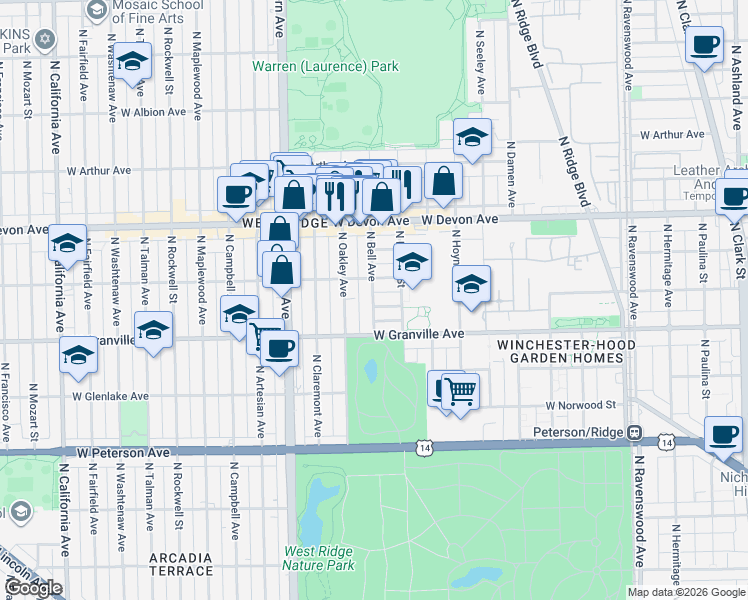 map of restaurants, bars, coffee shops, grocery stores, and more near 2208 West Thome Avenue in Chicago
