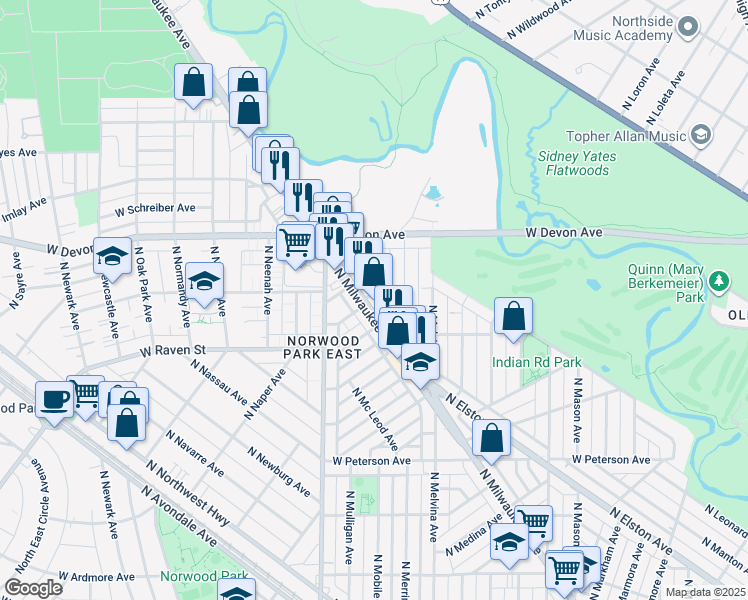 map of restaurants, bars, coffee shops, grocery stores, and more near 6309 North Milwaukee Avenue in Chicago