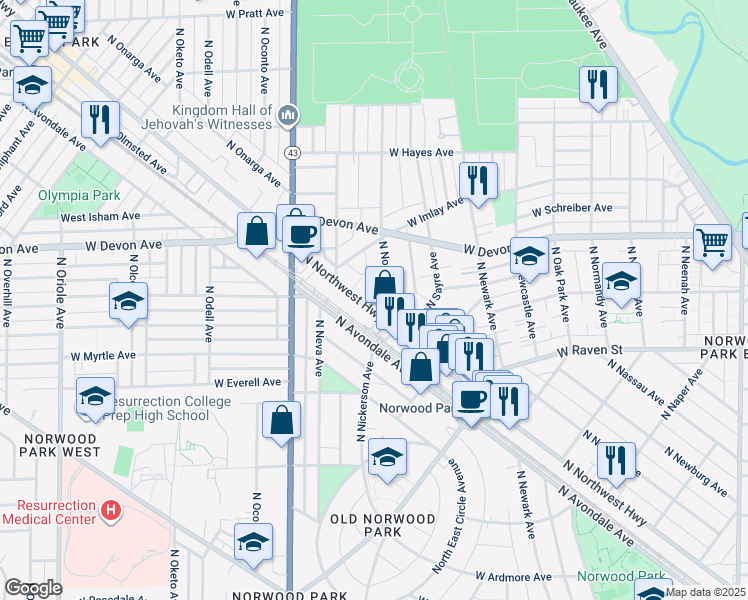 map of restaurants, bars, coffee shops, grocery stores, and more near 6255 North Northwest Highway in Chicago