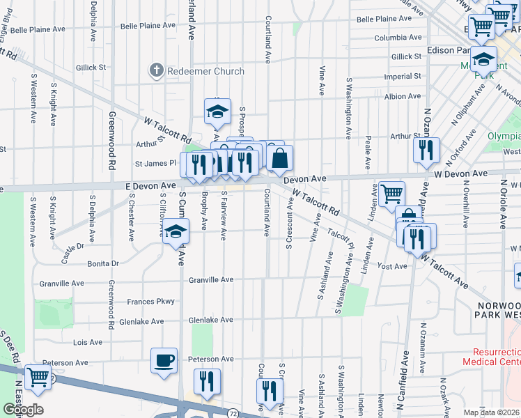 map of restaurants, bars, coffee shops, grocery stores, and more near 1229 Courtland Avenue in Park Ridge