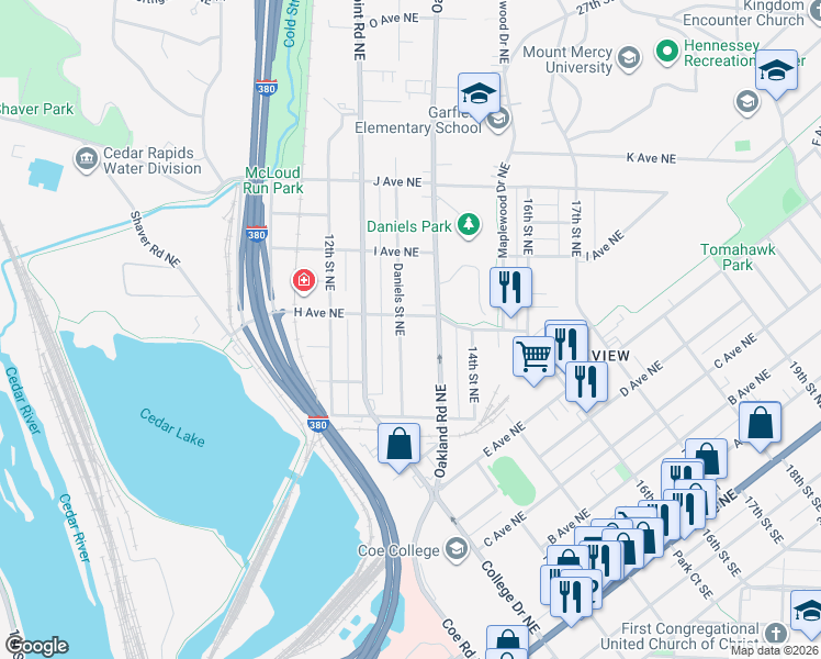 map of restaurants, bars, coffee shops, grocery stores, and more near 1359 H Avenue Northeast in Cedar Rapids