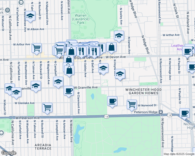 map of restaurants, bars, coffee shops, grocery stores, and more near 2208 West Thome Avenue in Chicago