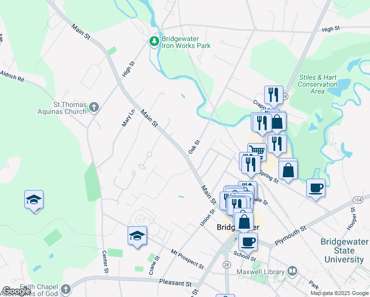 map of restaurants, bars, coffee shops, grocery stores, and more near 225 Main Street in Bridgewater