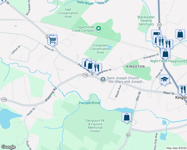 map of restaurants, bars, coffee shops, grocery stores, and more near 1 Pembroke Street in Kingston