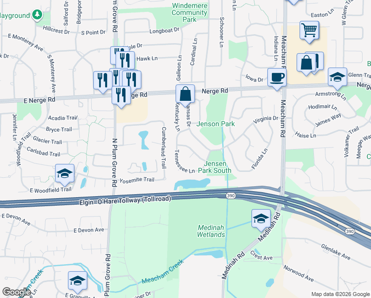 map of restaurants, bars, coffee shops, grocery stores, and more near 1837 Louisiana Drive in Elk Grove Village