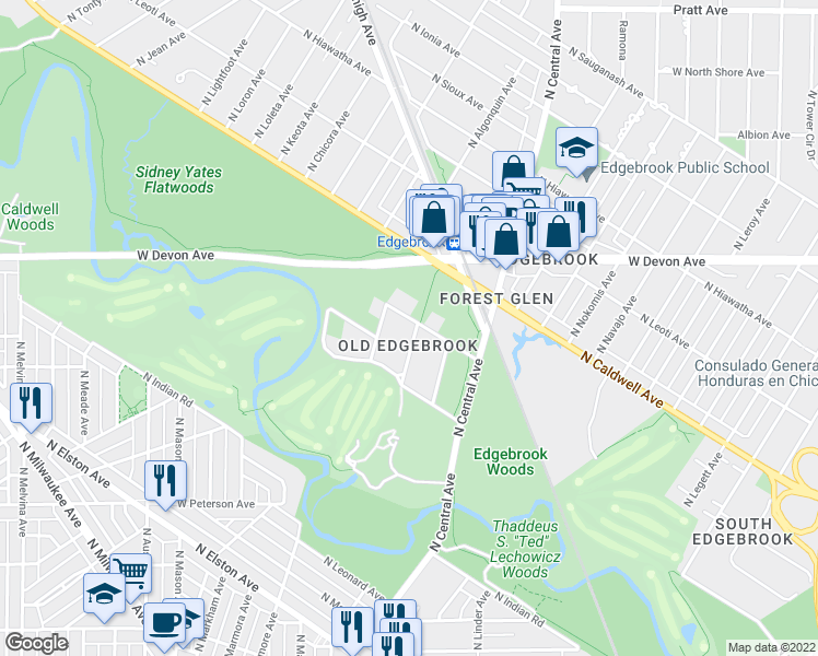 map of restaurants, bars, coffee shops, grocery stores, and more near 6300 North Louise Avenue in Chicago
