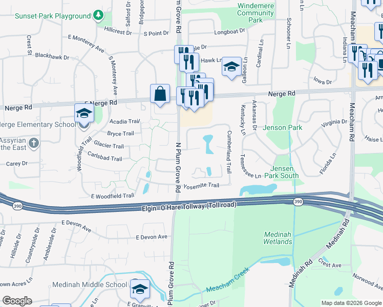 map of restaurants, bars, coffee shops, grocery stores, and more near 871 Cross Creek Court in Roselle