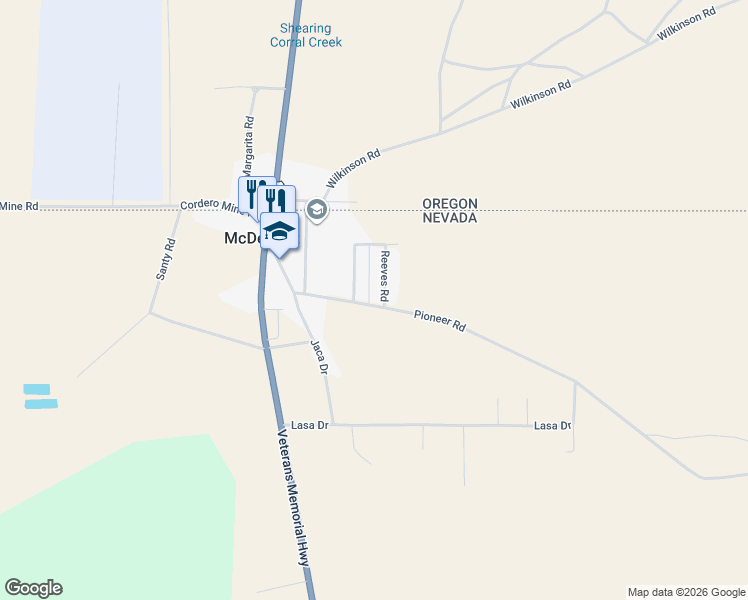 map of restaurants, bars, coffee shops, grocery stores, and more near 220 Reeves Road in McDermitt