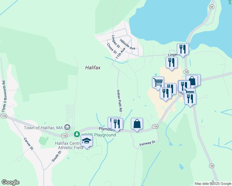 map of restaurants, bars, coffee shops, grocery stores, and more near 48 Indian Path Road in Halifax