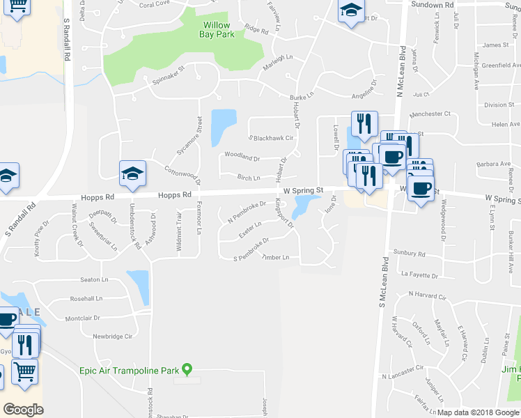 map of restaurants, bars, coffee shops, grocery stores, and more near 1453 North Pembroke Drive in South Elgin