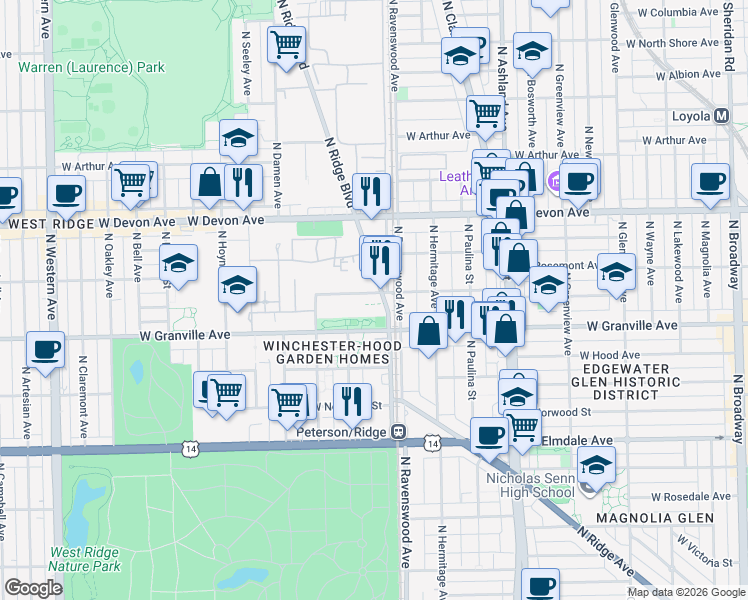 map of restaurants, bars, coffee shops, grocery stores, and more near 1819 West Thome Avenue in Chicago
